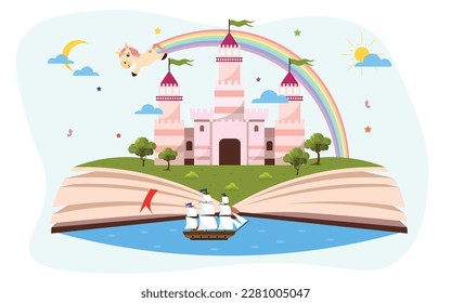 Vector illustration of an open book with favorite fairy tales. Childrens illustration of a boat on the water, a beautiful castle, a rainbow, a flying pony, clouds and the sun.