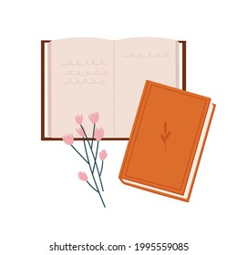 Vector illustration of the open book, flowers, and closed book, isolated on white. Hand-drawn set. Objects for learning, reading, school tools. Suitable for book shops, and publishing houses.