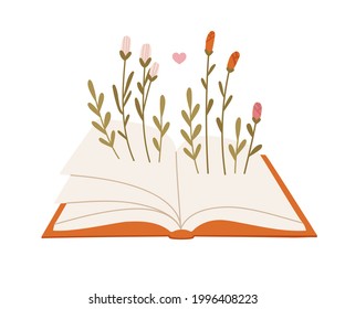 Vector illustration of an open book with flowers growing, and heart. Illustration dedicated to the Day of Book Lovers, August 9. The concept of reading growth, promotion of reading. Hand-drawn.