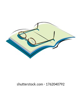 Ilustración vectorial de libros abiertos y gafas aislados en fondo blanco en EPS10