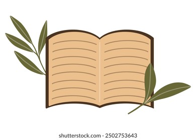 vector illustration of an open book with green leaves. Book with text for illustrations for school, in cozy autumn colors. Flat cartoon decorative element.