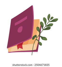 Ilustración vectorial de un libro abierto con una rama verde, aislado sobre un fondo blanco. Ideal para leer temas, diseños educativos o decoración acogedora.