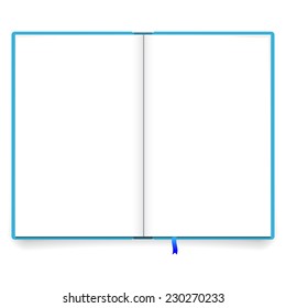 Vector illustration of open book with light blue cover and bookmark
