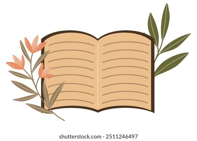 Ilustración vectorial de un libro abierto con páginas forradas, adornado con delicadas flores y hojas. Perfecto para diseños de revistas, papelería o materiales educativos. Tonos cálidos y terrosos.