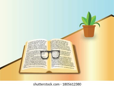 vector illustration of open book on table with glasses and a pot plant