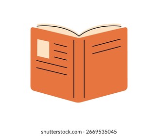 Vector illustration of an open book with orange cover. Stylized front view showing cover lines and label
