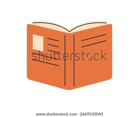 Vector illustration of an open book with orange cover. Stylized front view showing cover lines and label