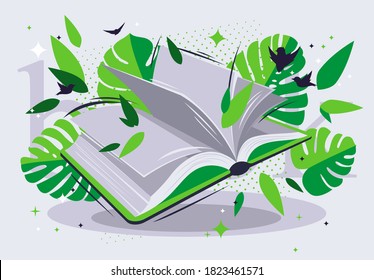 Vector illustration of an open book with pages, with flying tropical leaves