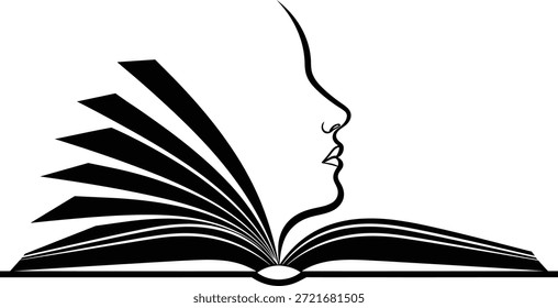 Ilustração vetorial de um livro aberto com páginas se espalhando para formar um perfil de rosto humano simbolizando imaginação, narrativa, conhecimento e alfabetização isolados no fundo branco