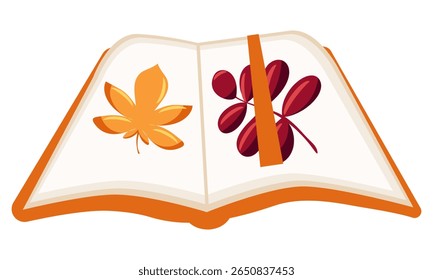Ilustração vetorial de um livro aberto com folhas de outono prensadas, evocando uma sensação de nostalgia, florística e arte de herbário. Perfeito para design sazonal, projetos botânicos ou temas de educação