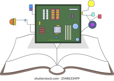 Ilustração vetorial de um livro aberto com uma placa de processador e componentes conectados emergindo das páginas