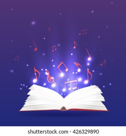 Vector illustration of an open book with rays and musical notes. Music notebook, study and education.