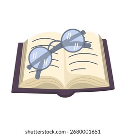 Vector illustration of an open book with reading glasses. Colored postcard for world book day. Concept for library and school. Cozy composition isolated on white background