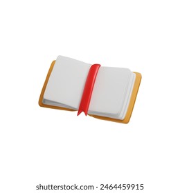 Vector illustration of an open book with a red bookmark. A 3D blank page layout, ideal for use in universities and educational libraries. The diary is hardcover