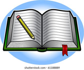 Vector illustration of an open book with a red bookmark ribbon and a yellow pencil.