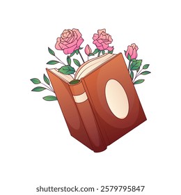 Ilustração vetorial de livro aberto com flores de rosas isoladas em branco. Composição colorida para decoração de livraria, design de cartão, cartaz, banner. Amante do livro, livraria, conceito de biblioteca.