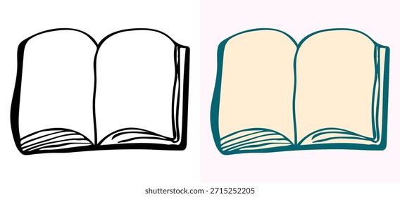 Vector illustration of an open book sketch, including both outline and colored versions with blank pages. Excellent graphic resource for education, learning, literature, and knowledge-based concepts.