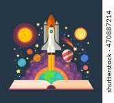 Vector illustration of open book with space elements - solar system, space shuttle, planets, stars, Earth, comet.  Imagination concept made in flat style vector.