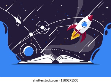 Vector illustration open book, space with rocket, planets, stars, space satellite, space book