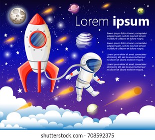 Vector illustration of open book with space elements - solar system, space shuttle, planets, stars, Earth, comet. Imagination concept made in flat style vector
