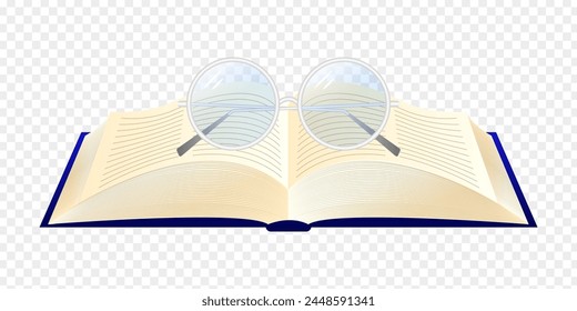 Vector illustration of open book with spectacles on top on transparent background - Powered by Shutterstock - Get 15% off with code: PIKWIZARD15