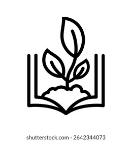 Vector illustration of an open book sprouting a plant with three leaves from soil, symbolizing eco education, sustainability, learning, organic knowledge, and green awareness