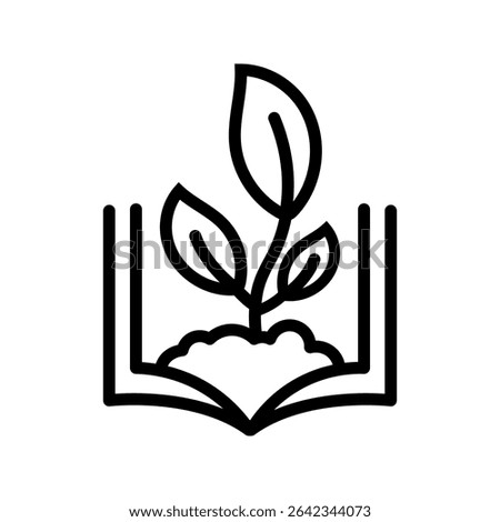 Vector illustration of an open book sprouting a plant with three leaves from soil, symbolizing eco education, sustainability, learning, organic knowledge, and green awareness