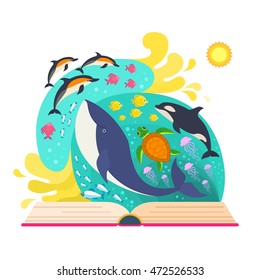 Vector illustration of open book with underwater world inside - dolphins, whale, fish, jellyfish, turtle and orca.  Nature protection concept made in flat style.