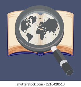 vector illustration open book and world map in lens