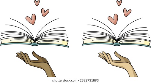 Vector illustration of open books, human hands and hearts. Studies, education, literature, learning and reading concept. Graphic image design for educational institution, bookstore, literary café