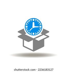 Vector illustration of open box, cardboard with clock. Icon of time box. Symbol of timebox. Sign of delivery package management.
