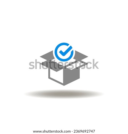 Vector illustration of open box with check mark. Icon of order fulfillment. Symbol of delivered package. Product unpacking sign.
