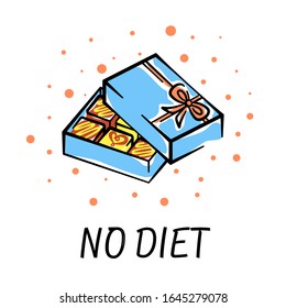 Vector illustration of an open box of chocolates in a flat style with the inscription No diet. Bright vector card on a white background for design, print