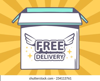 Vector illustration of open box with icon of  free delivery on orange pattern background. Line art design for web, site, advertising, banner, poster, board and print.