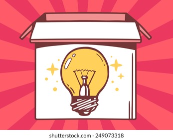 Vector illustration of open box with icon of  bulb light on red pattern background. Line art design for web, site, advertising, banner, poster, board and print.