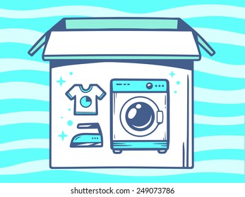 Vector illustration of open box with icon of  washing machine on blue pattern background. Line art design for web, site, advertising, banner, poster, board and print.
