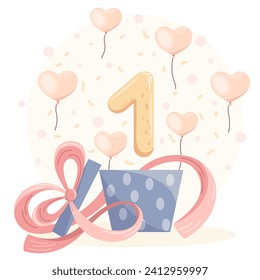 Vector illustration of an open box with the number 1 and balloons flying out of it. Children's theme, birthday, children's wallpapers. Postcard, banner, print on clothes.