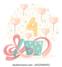 Vector illustration of an open box with the number 4 and balloons flying out of it. Children's theme, birthday, children's wallpapers. Postcard, banner, print on clothes.