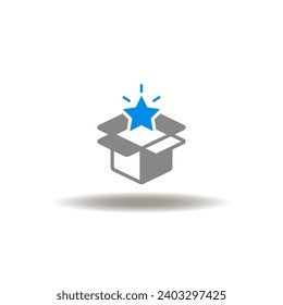 Vector illustration of open box package with star shine. Icon of new release. Symbol of product creation, development.