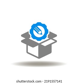 Vector Illustration Of Open Box Packaging Or Parcel Cardboard With Gear And Pencil. Symbol Of Customize. Icon Of Customization Business Product. Sign Of Project Software Design Management.