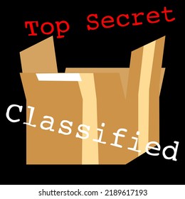 Vector illustration of an open box with texts Top secret in red and Classified in white isolated on black background 