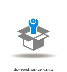Vector illustration of open box with wrench and 3d cube. Symbol of SDK Software Development Kit. Sign of programming project.