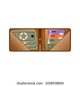 Vector illustration of an open brown leather purse with money and credit cards on a white background. Financial concept for business, finance, banks and print, web sites, magazines, online shop, etc.