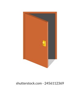 vector illustration of open brown wooden door in flat cartoon eps file isolated on transparent white background.