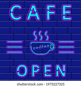 Vector illustration open cafe neon business sign icon on a brick pattern background.