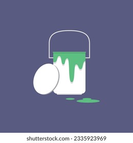 Vector illustration of open can of paint, can with lid, brush, work.