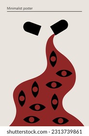 Vector illustration with open capsule. Artwork, minimalist poster design in red and black colors. Abstract wall art.