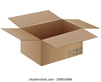 Vector illustration of open cardboard box with transportation symbols on it.