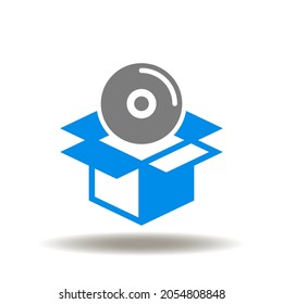 Vector Illustration Of Open Cardboard Box And Optical Disk. Symbol Of Open Source Software Code. Icon Of BIM Construction Software.