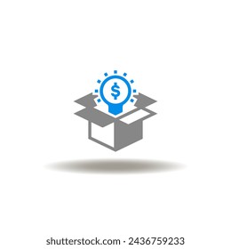 Vector illustration of open cardboard box and lightbulb with dollar currency. Icon of USP Unique Selling Point. Symbol of investment in idea. Sign of startup, funding in new product.